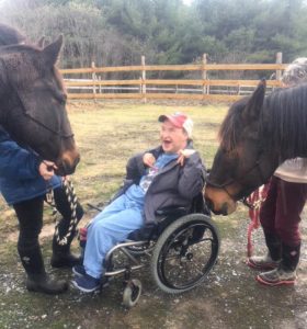 A person in a wheelchair enjoying the two horses at Ephphatha